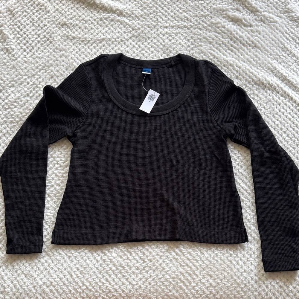 👚 🆕 Women’s Old Navy Black Waffle Long Sleeve Scoop Neck Top – Size XS